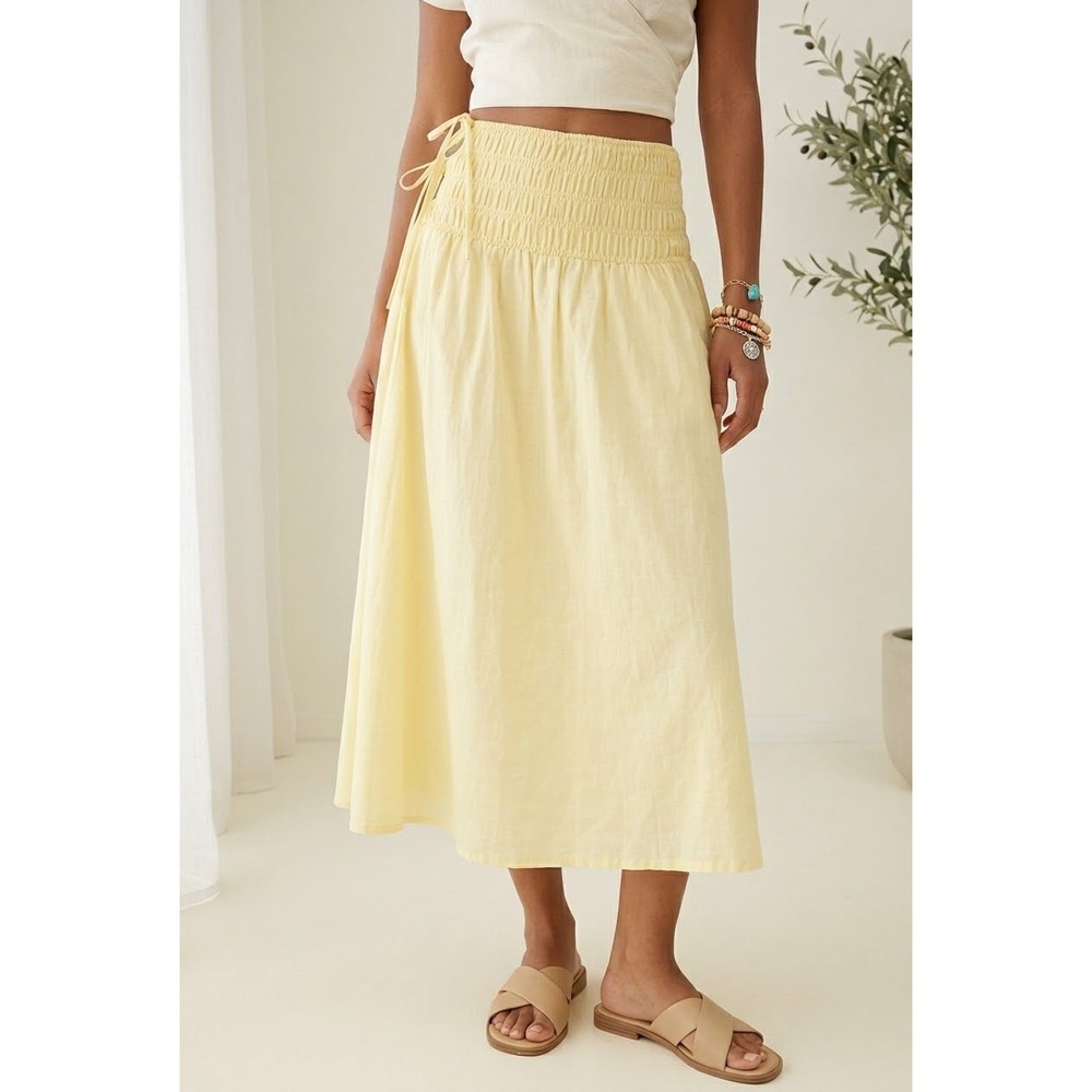 Princess Polly Vince Yellow Smocked Linen Blend Midi Skirt Side Tie US 4